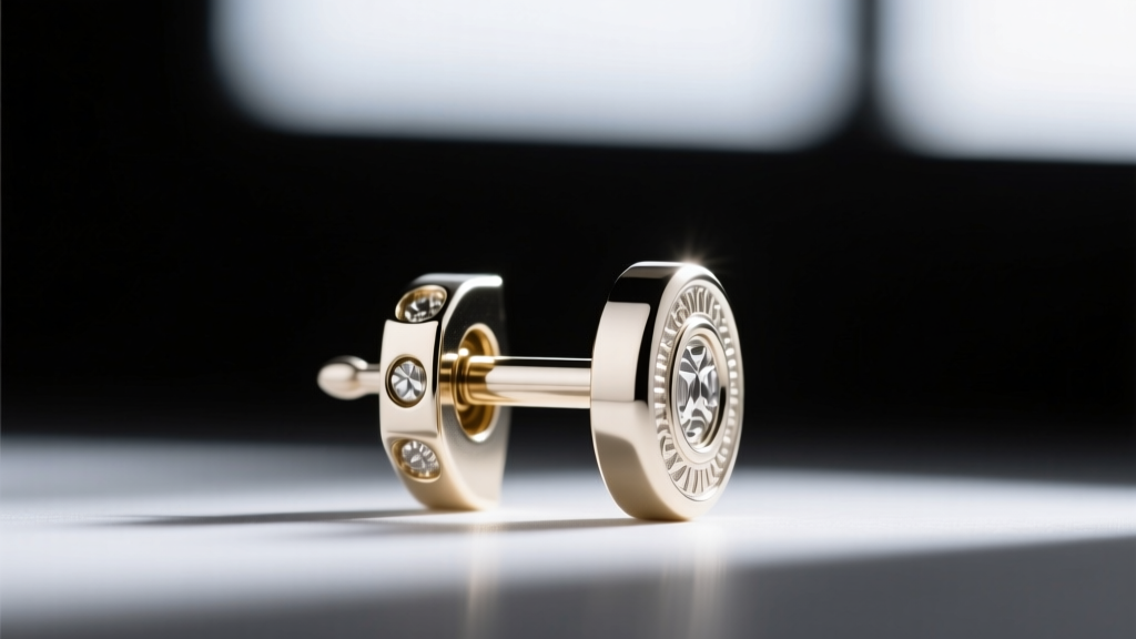 Macro shot of an 18-gauge white gold earring post with a locking back mechanism, sharply focused on a dark velvet background