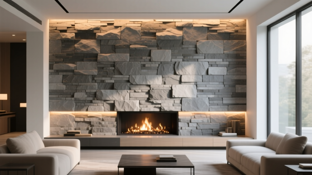 Interlocking faux stacked stone veneer panels in weathered gray on a modern living room fireplace wall with warm LED uplighting