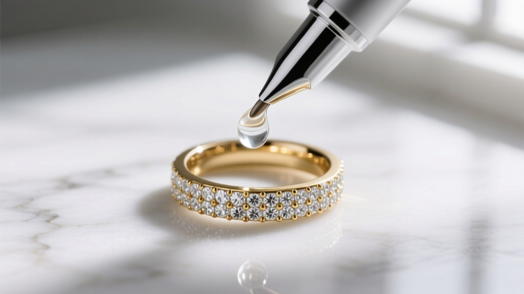 Macro shot of an enzymatic cleaning pen dispensing clear gel onto a 14k gold micro-pave diamond ring on white marble
