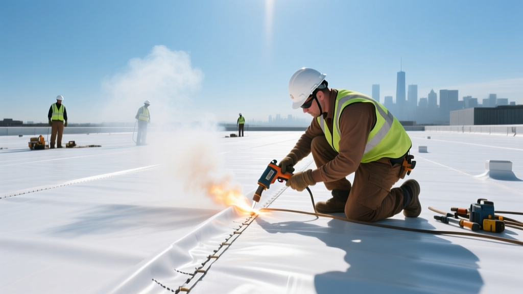 Commercial roofing crew using an automatic hot air welder to seal white TPO membrane seams on a large flat commercial roof deck