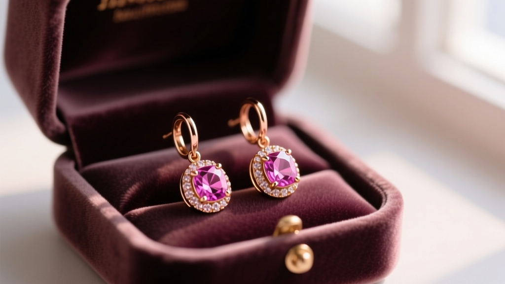 Open velvet gift box revealing 18k rose gold pink sapphire dangle earrings under soft romantic lighting, highly detailed macro shot