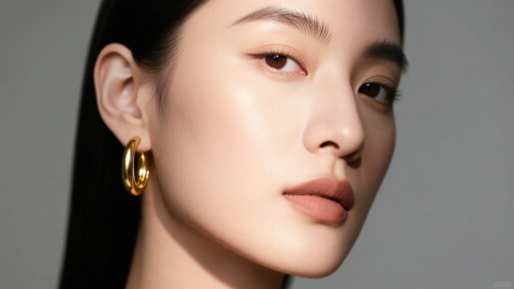 Close-up portrait of a person wearing a minimalist 18k gold hoop earring exclusively in their left ear, soft studio lighting