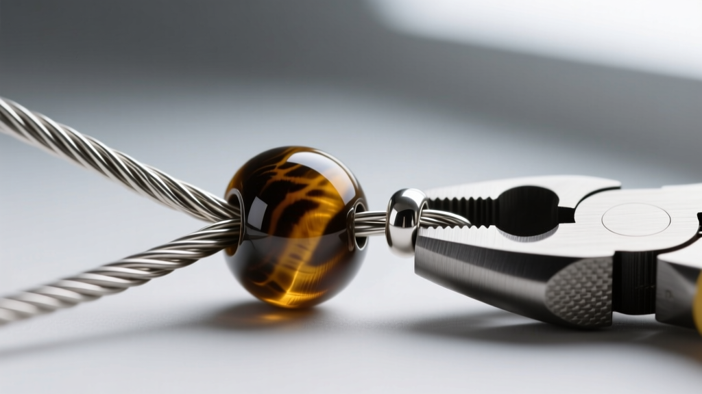 Close-up of 49-strand steel wire through an 8mm tiger eye bead, secured with a sterling silver crimp bead and crimping pliers.