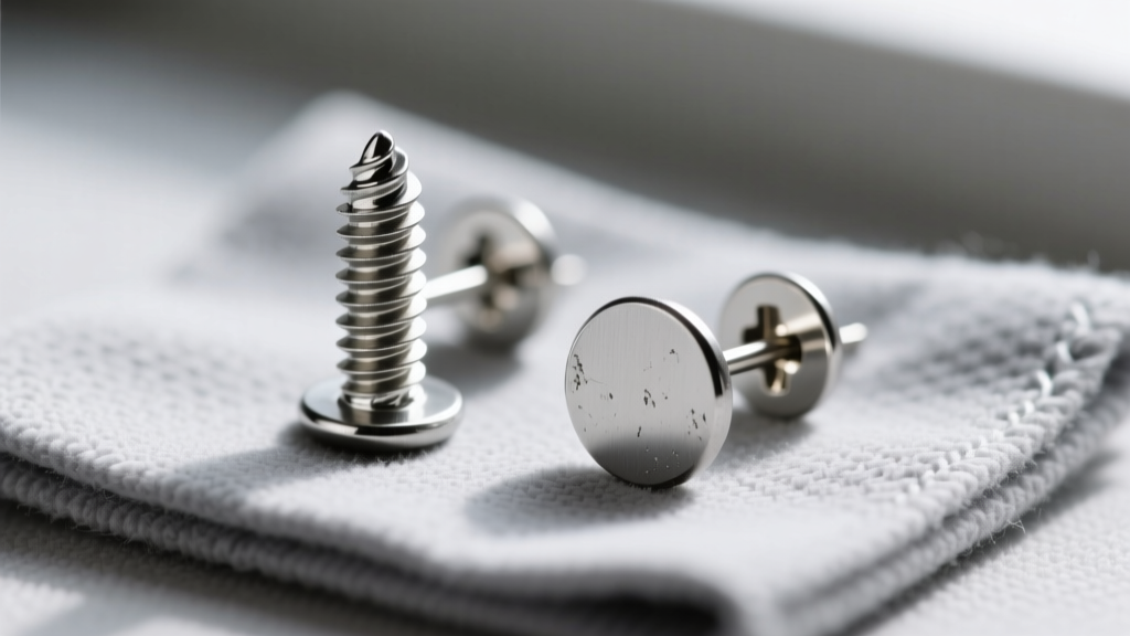 Macro view of a threaded screw-back earring post beside a friction back, resting on a gray microfiber jewelry polishing cloth.