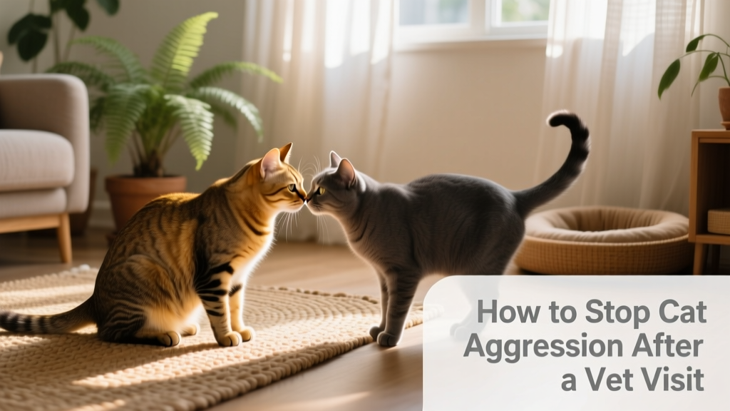 Two cats cautiously sniffing each other after one has returned home from a vet visit