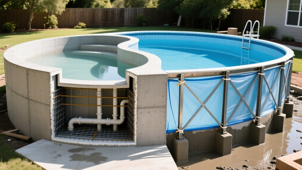 Cross-section blueprint overlay on a finished gunite concrete pool shell next to a steel-walled vinyl liner pool under construction