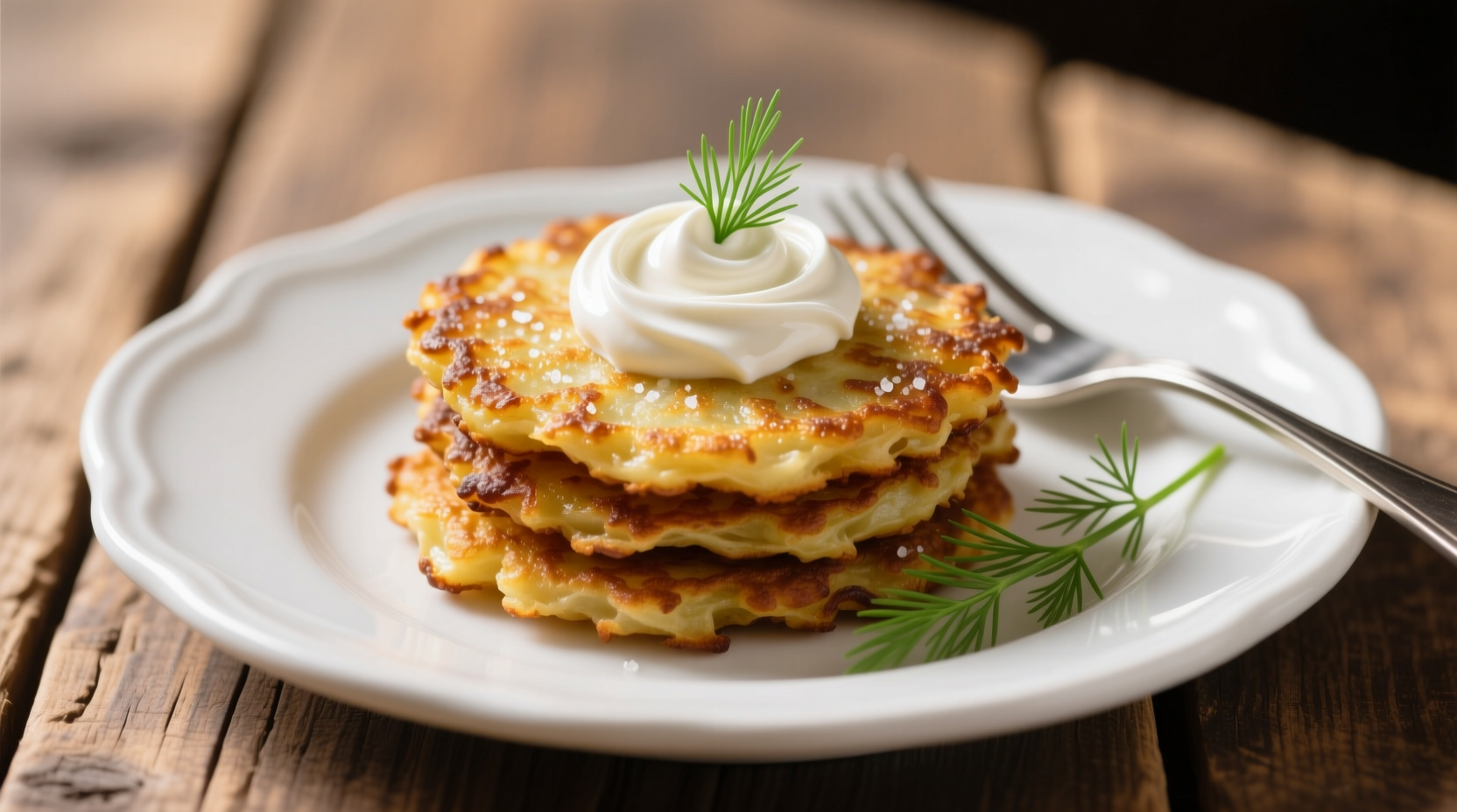 Golden brown potato cakes on white plate with sour cream