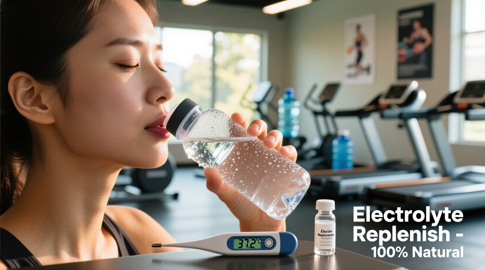 Person drinking water with thermometer and electrolyte solution
