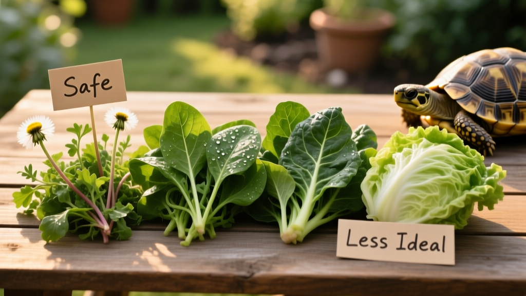 Side-by-side comparison of safe leafy greens (dandelion, mustard, collard) versus less ideal options like cabbage and iceberg lettuce