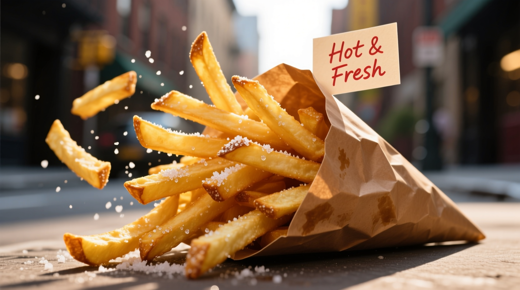 Crispy golden french fries in a paper cone
