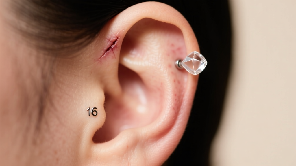 Close-up of an ear wearing a subtle 16-gauge clear glass retainer in a healed helix piercing under soft professional lighting.
