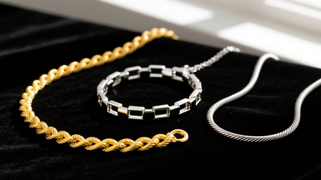 Close-up of three necklace chains on dark velvet: a yellow gold rope chain, a platinum box chain, and a matte titanium cord.