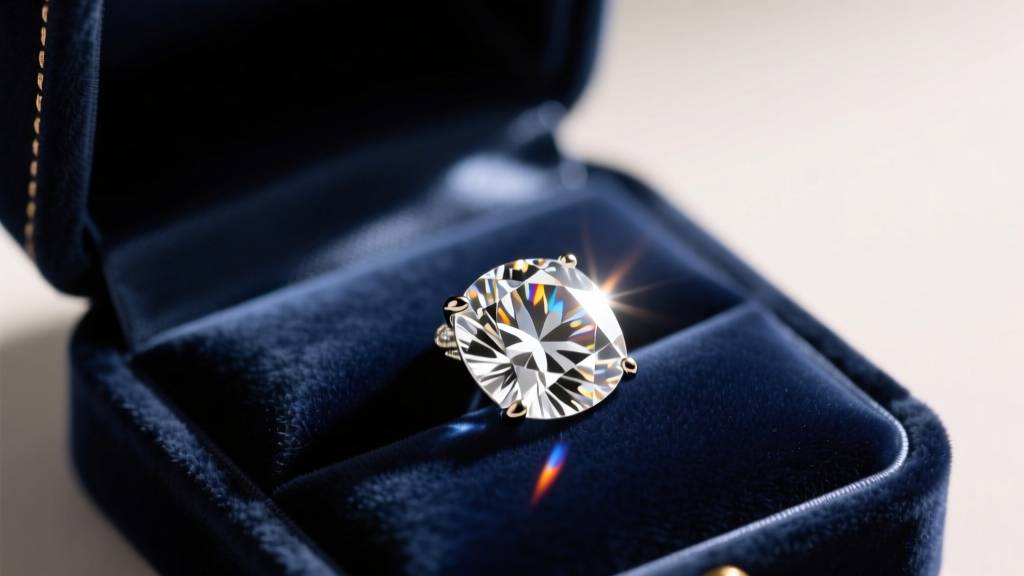 Close-up of a brilliant-cut diamond pendant on an open velvet box, illuminated by warm spotlight highlighting the facets