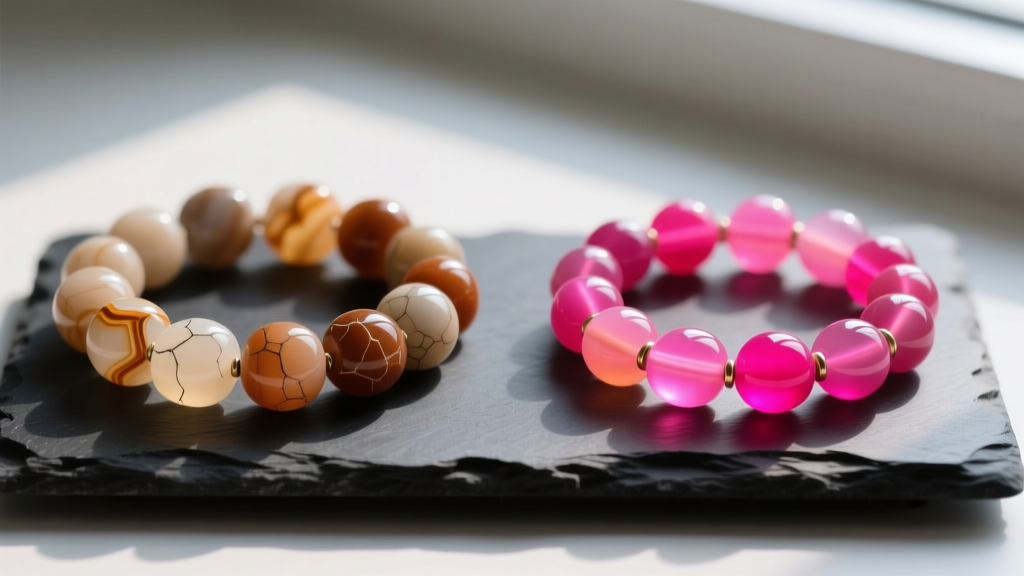 Natural earthy Indian agate beads next to unnaturally bright neon-pink dyed agate beads on a dark slate jewelry display tray.
