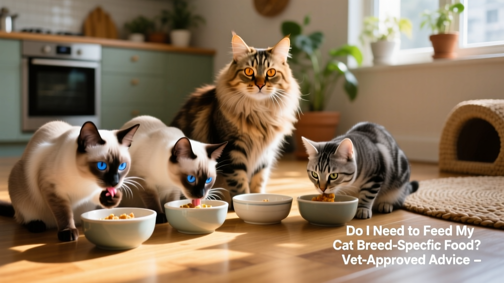 A diverse group of healthy cats—Siamese, Maine Coon, and domestic shorthair—eating from separate bowls