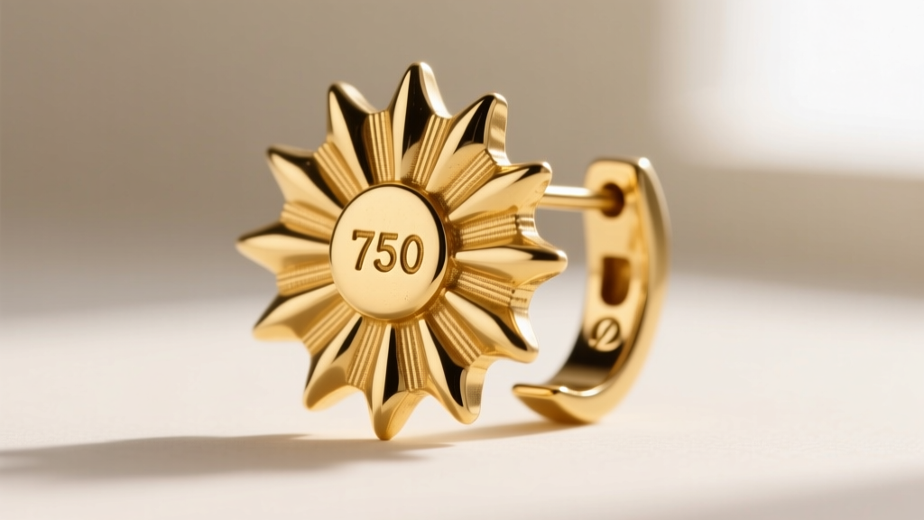 Close-up of a stamped 750 hallmark and omega clip backing on the reverse of an authentic mid-century 18k gold sunburst earring.