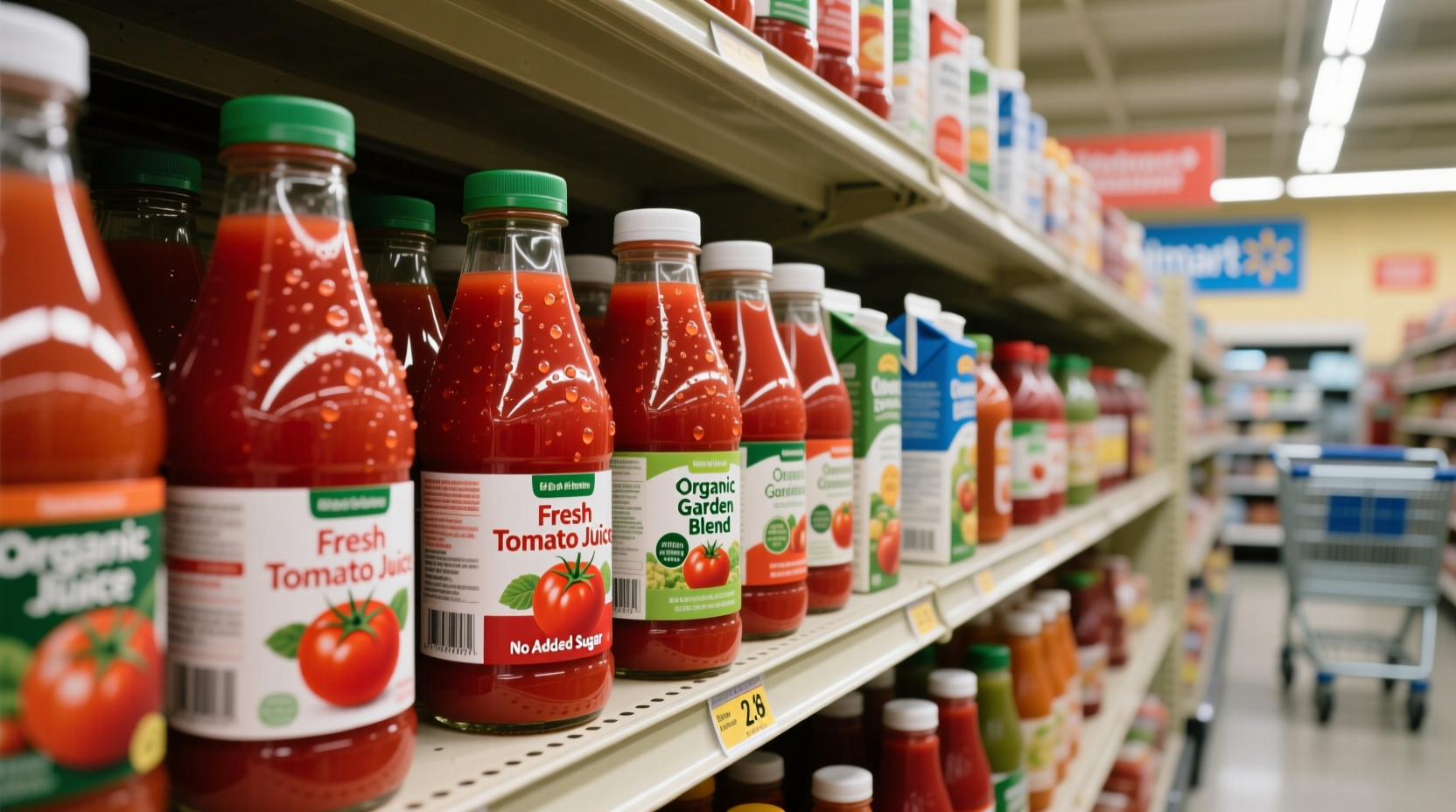 Tomato juice varieties on Walmart shelf