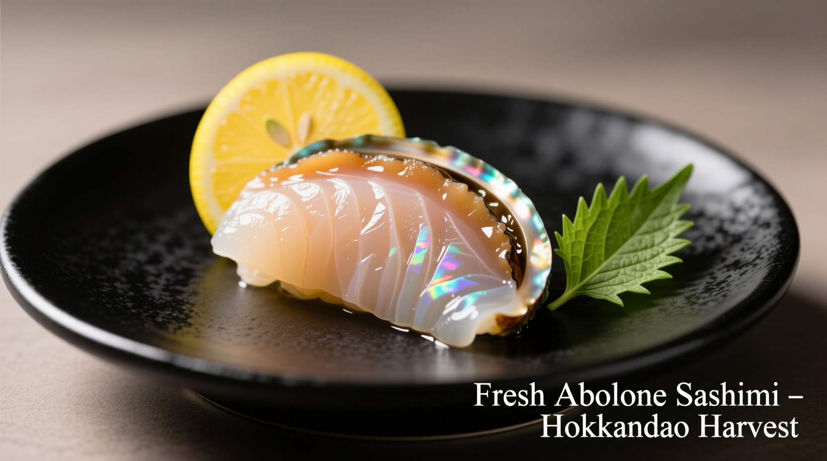 Fresh abalone sashimi on black ceramic plate with citrus garnish
