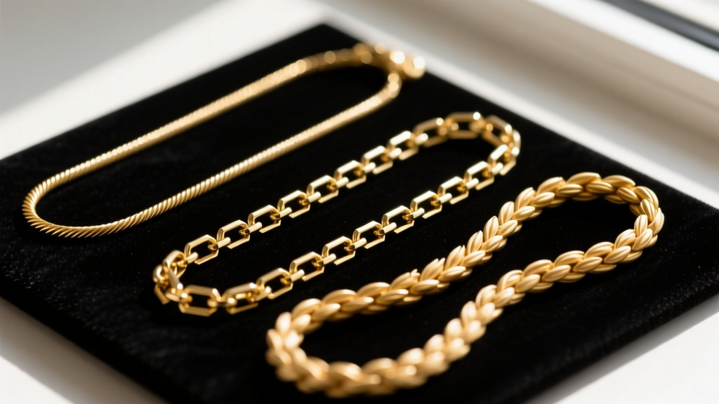 Macro shot of three gold chains: a 1mm cable chain, a 1.2mm box chain, and a wheat chain displayed on a dark velvet jewelry pad