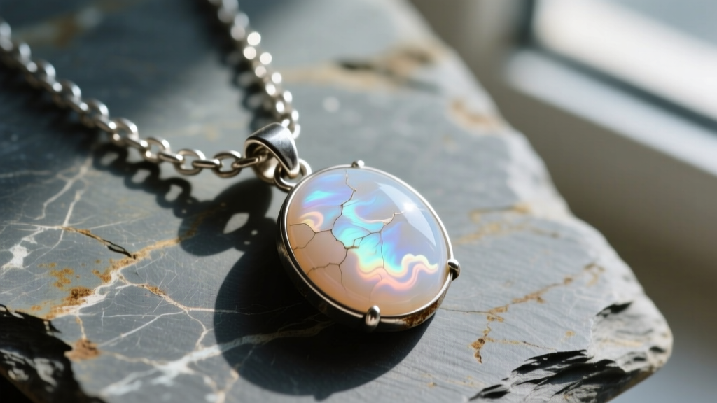 Macro shot of a cloudy peach moonstone pendant on a tarnished silver chain on slate showing surface scratches