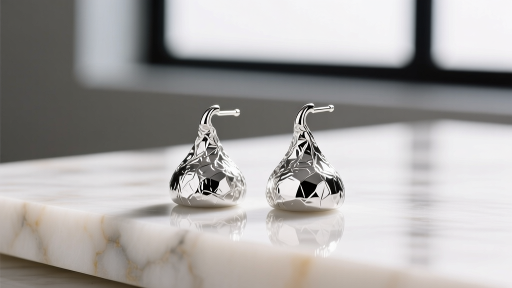 Close-up of 925 sterling silver Hershey kiss earrings on marble, soft studio lighting highlighting metallic foil wrapper texture.