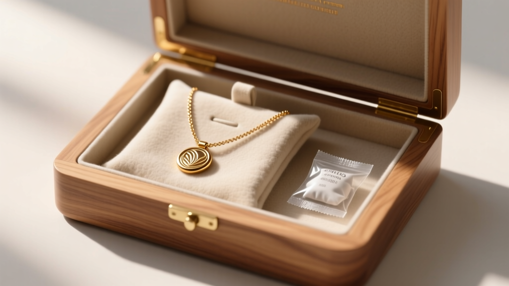 Plated necklace stored inside an anti-tarnish flannel pouch beside a silica gel packet in a clean, organized wooden jewelry box