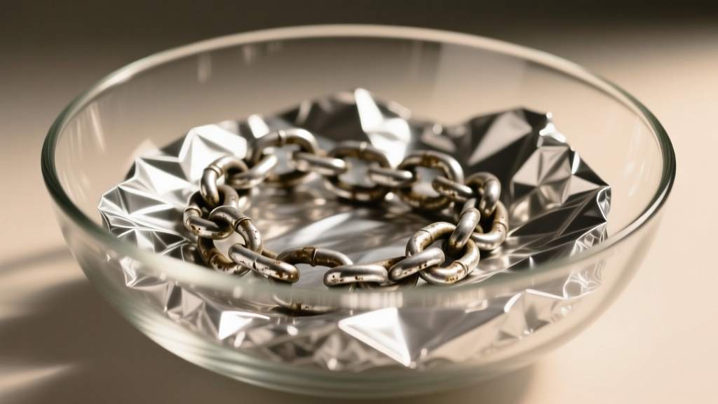 Tarnished sterling silver chain on crumpled aluminum foil in a glass bowl, illuminated by soft warm directional studio lighting.
