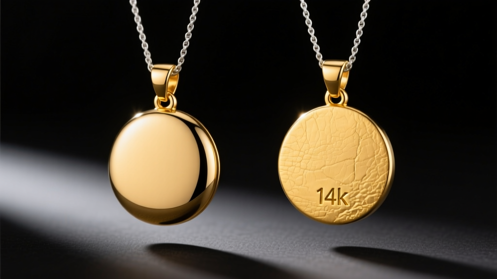 A side-by-side comparison of a gold-plated brass pendant and a solid 14k yellow gold pendant under bright studio lighting.