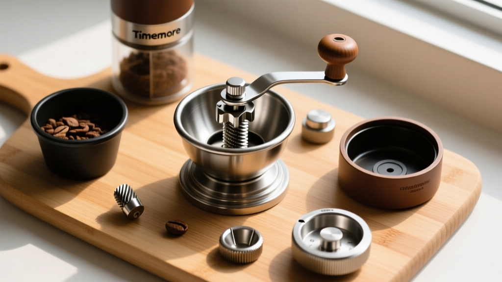 Top-down view of a Timemore Chestnut C3 manual coffee grinder disassembled on a bamboo cutting board showing the stainless steel conical burrs