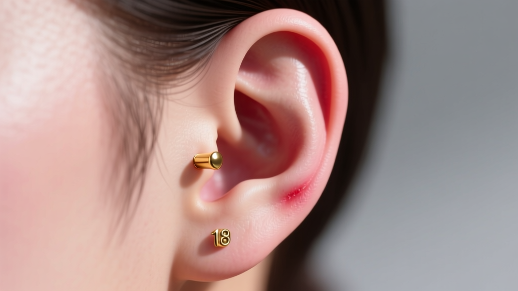 Side profile of an irritated earlobe with a partially embedded 18-gauge gold stud, showing mild swelling and redness on the skin.