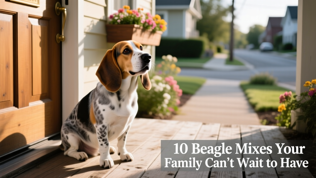 happy bagel beagle basset hound mix with basset coat sitting outside the door looking at owner