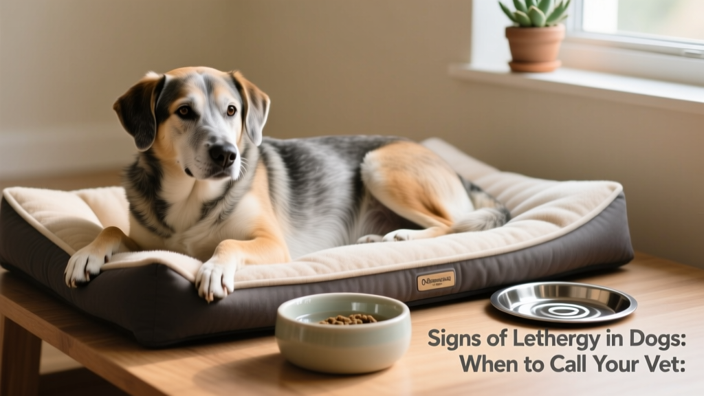 A dog resting comfortably on a supportive bed beside a water bowl and elevated food dish, with soft lighting and a calm environment