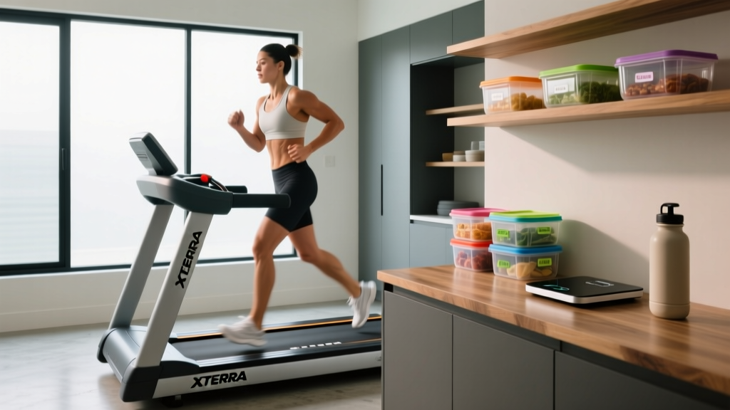 Athlete performing steady-state LISS cardio on an XTERRA treadmill in a modern home gym setup with meal prep containers visible