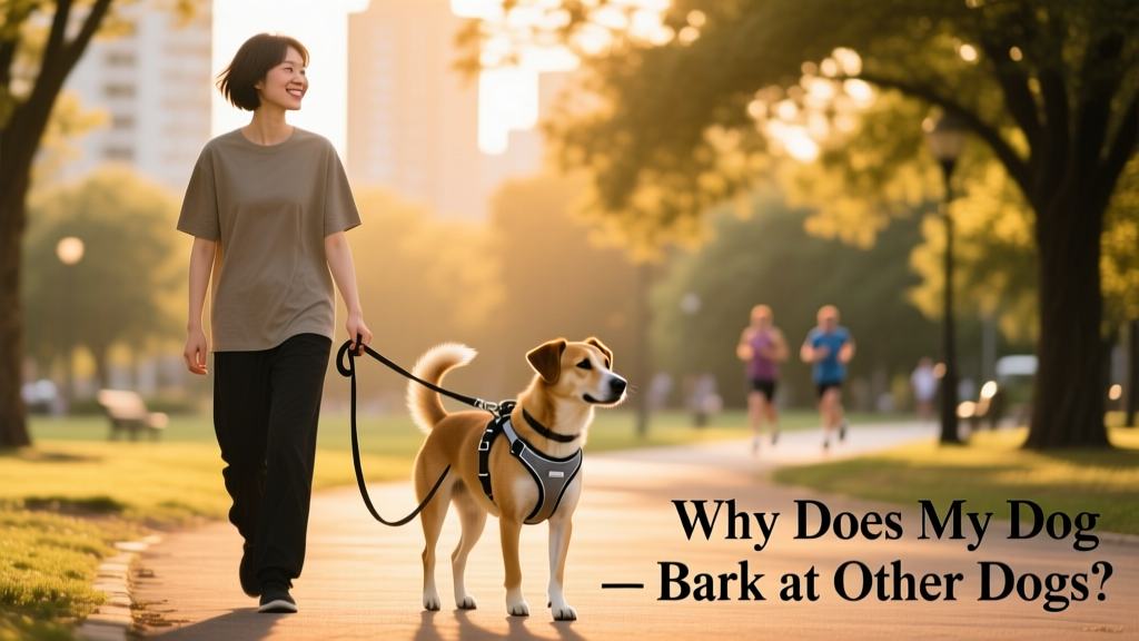 A person calmly walking their dog using a front-clip harness and loose leash, with both looking relaxed