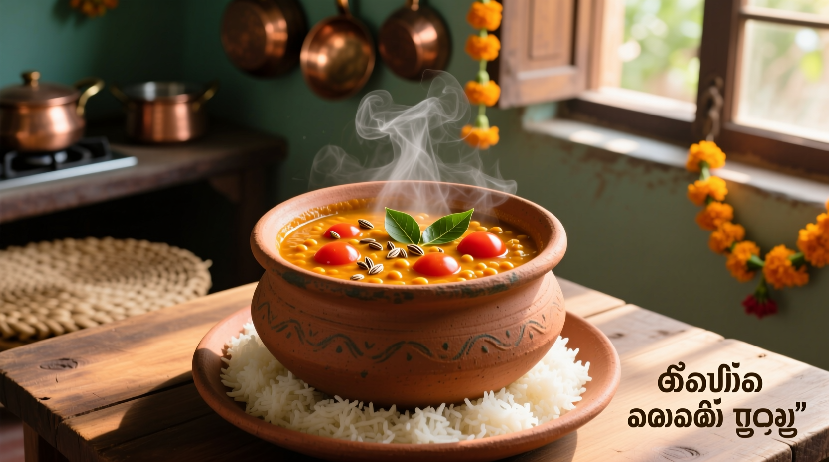 Traditional tomato pappu served in clay pot with rice