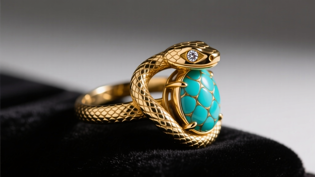 Side profile of a Victorian 15k gold snake ring with turquoise cabochon scales and rose cut diamond eyes resting on dark velvet