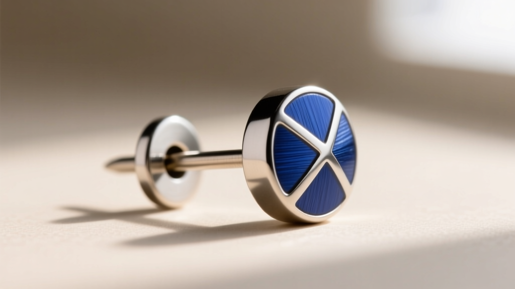 Close-up of a threadless push-pin earring showing a bent 18-gauge titanium pin inserted into a hollow decorative metal end.