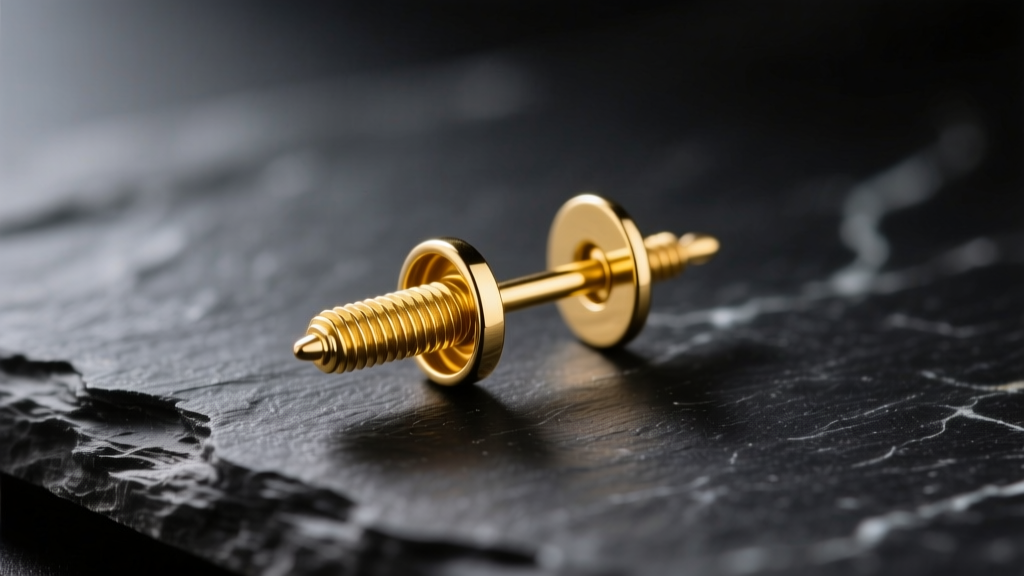 Macro shot of a 14k yellow gold internally threaded earring post and screw back resting on dark slate under soft studio lighting.