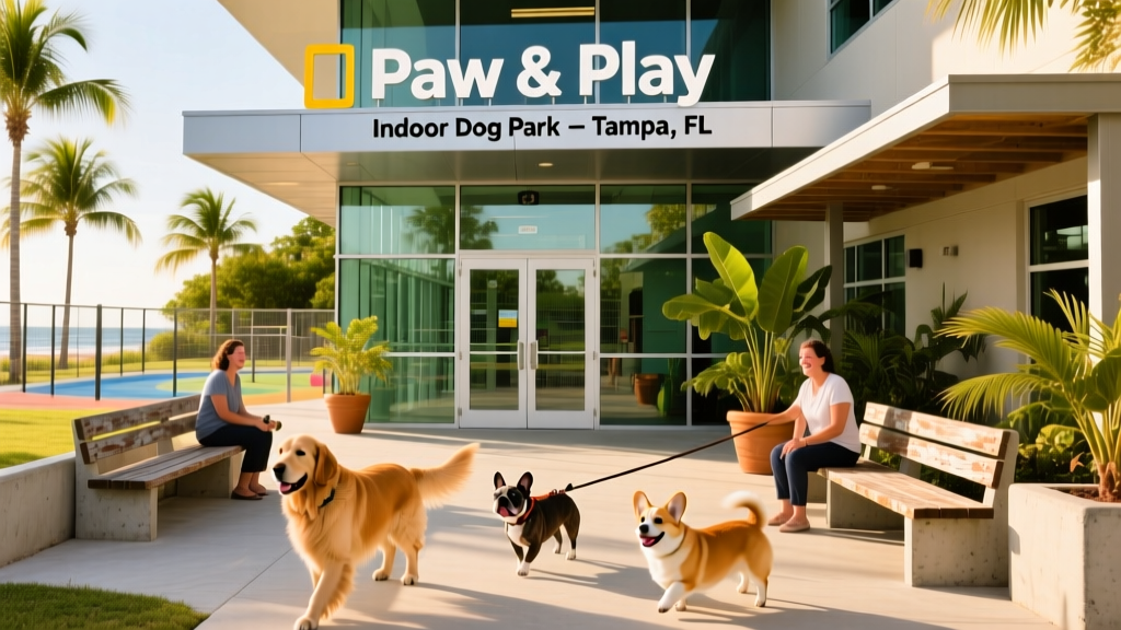 A sunny outdoor view of a modern indoor dog park entrance with signage and shaded seating