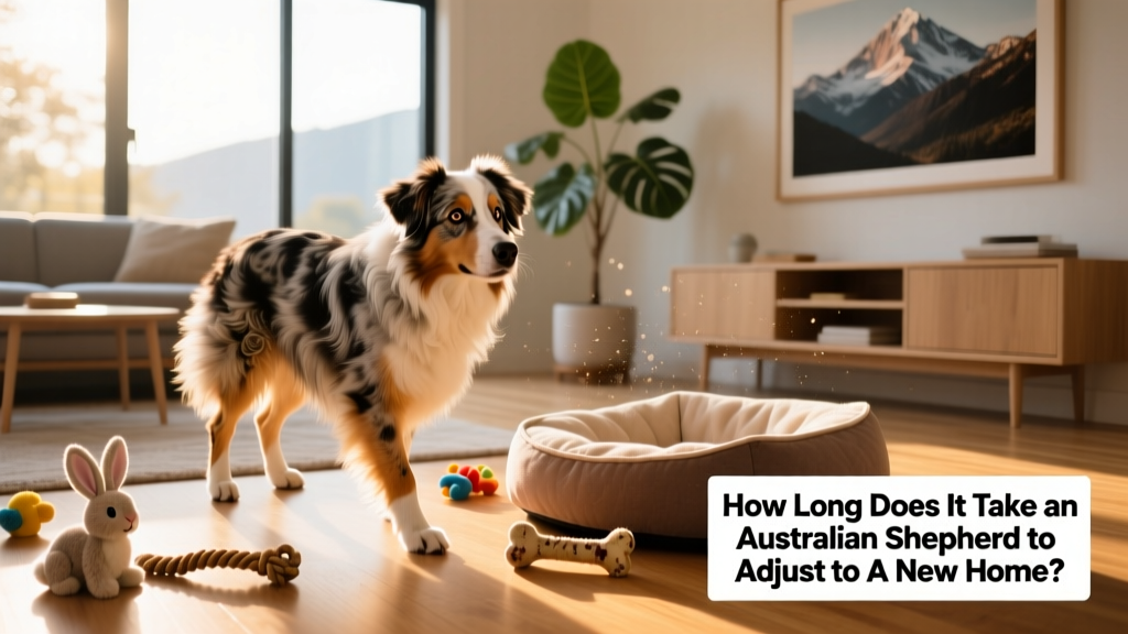 Australian Shepherd exploring a sunlit living room with a soft dog bed and toys nearby