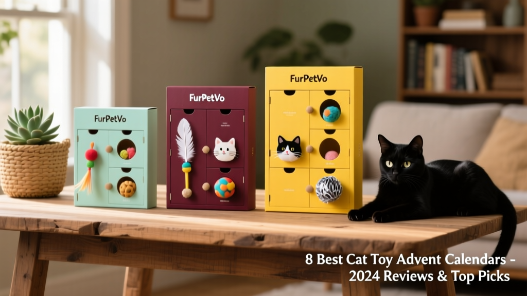 Side-by-side comparison of three FurPetVo advent calendars on a wooden table, showing different sizes, color schemes, and toy types