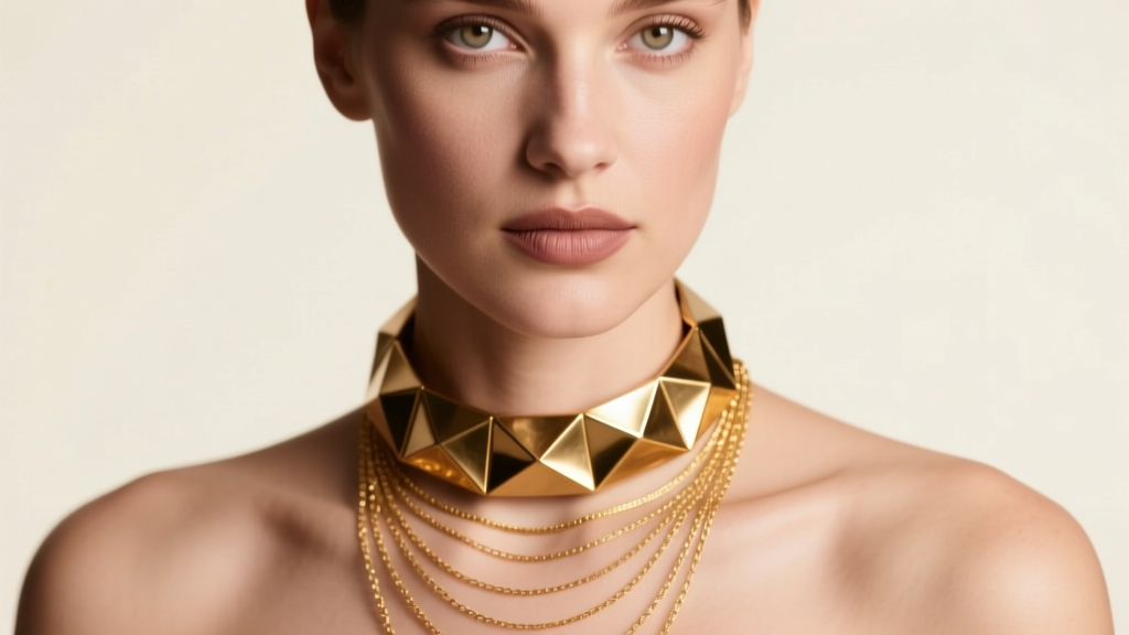 Close-up of a woman wearing a chunky brass statement necklace layered with delicate 14k gold fine chains, soft studio lighting