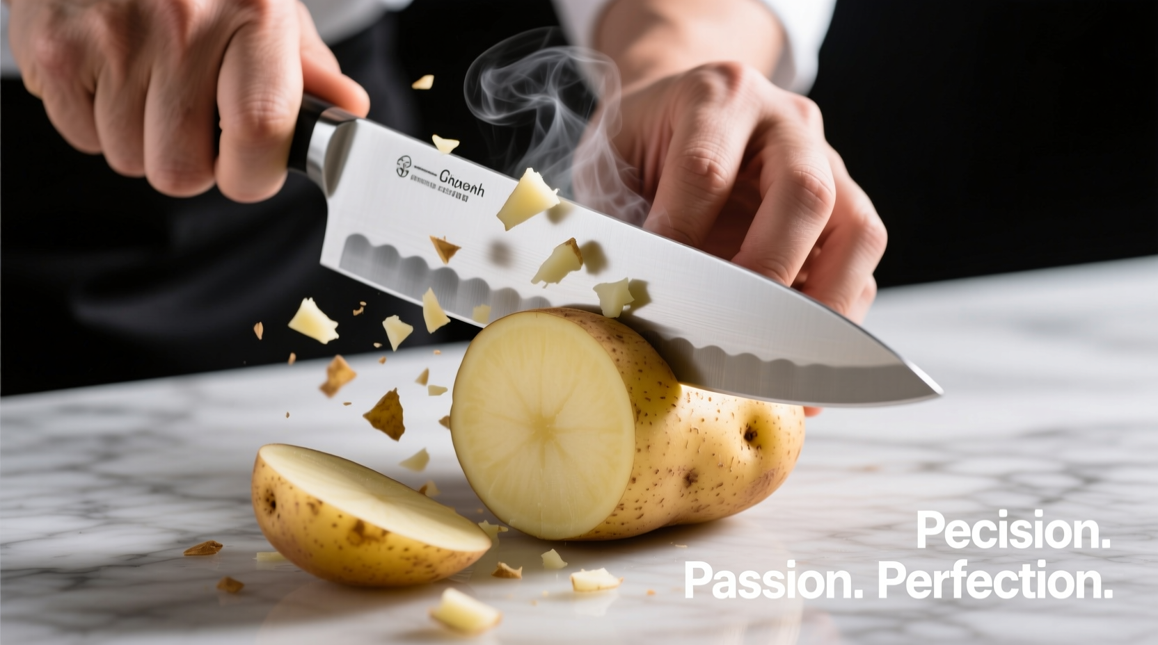Hand holding chef's knife cutting potato wedge