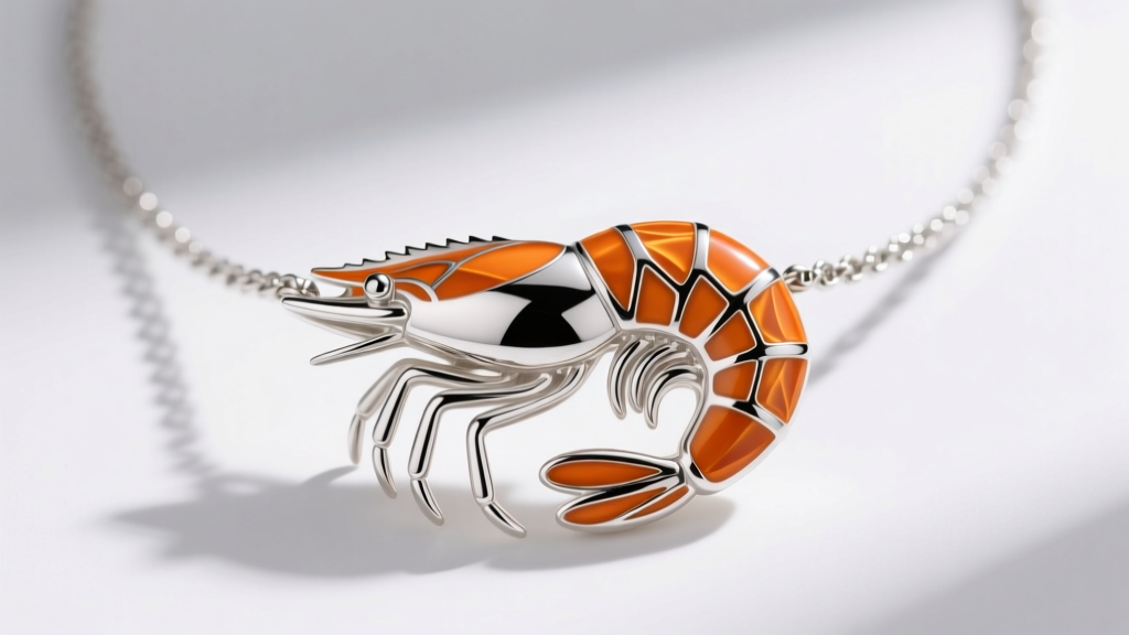 Macro shot of sterling silver shrimp necklace with vibrant orange guilloché enamel on shell, showing a flawless glossy finish