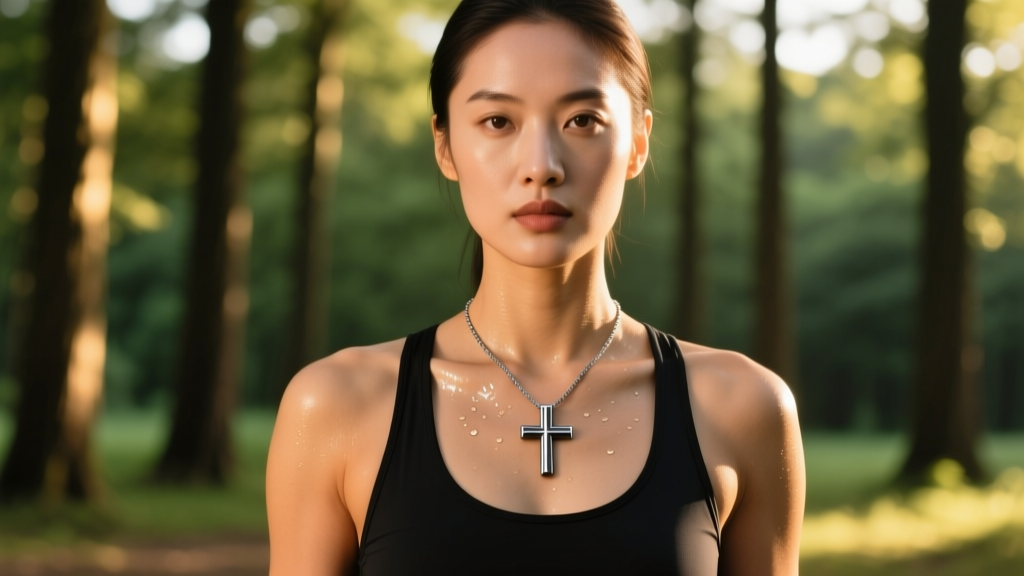 Athletic woman wearing a matte black anodized titanium cross necklace, sweat on collarbone, outdoor sunlight, cinematic portrait