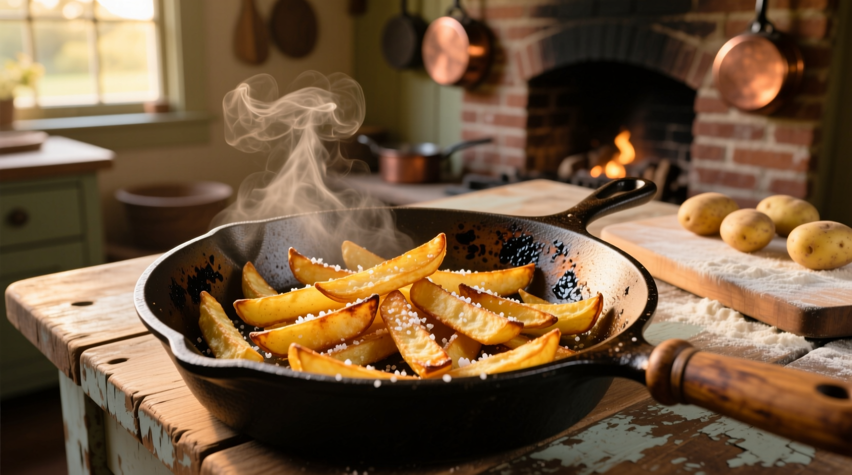 Crispy golden home fries in cast iron skillet