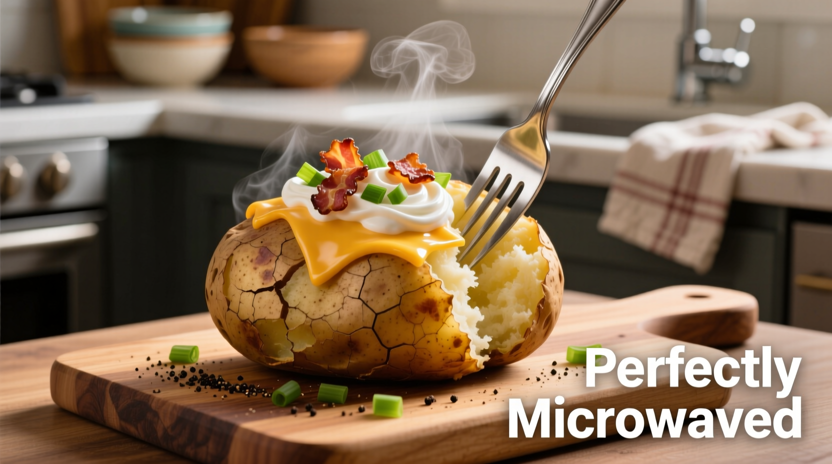 Microwaved baked potato with fork and toppings