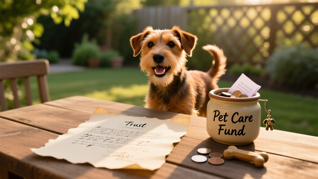 A handwritten trust document next to a photo of a smiling dog and a small jar labeled 'Pet Care Fund'