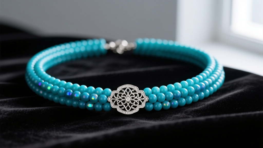 A turquoise beaded collar necklace on dark velvet, showing the tight curvature, detailed silver clasp, and vibrant blue stones.