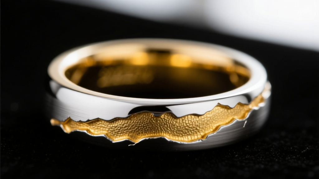 Render of rhodium plating wearing off a white gold ring, revealing the warm yellow gold alloy underneath against a dark backdrop